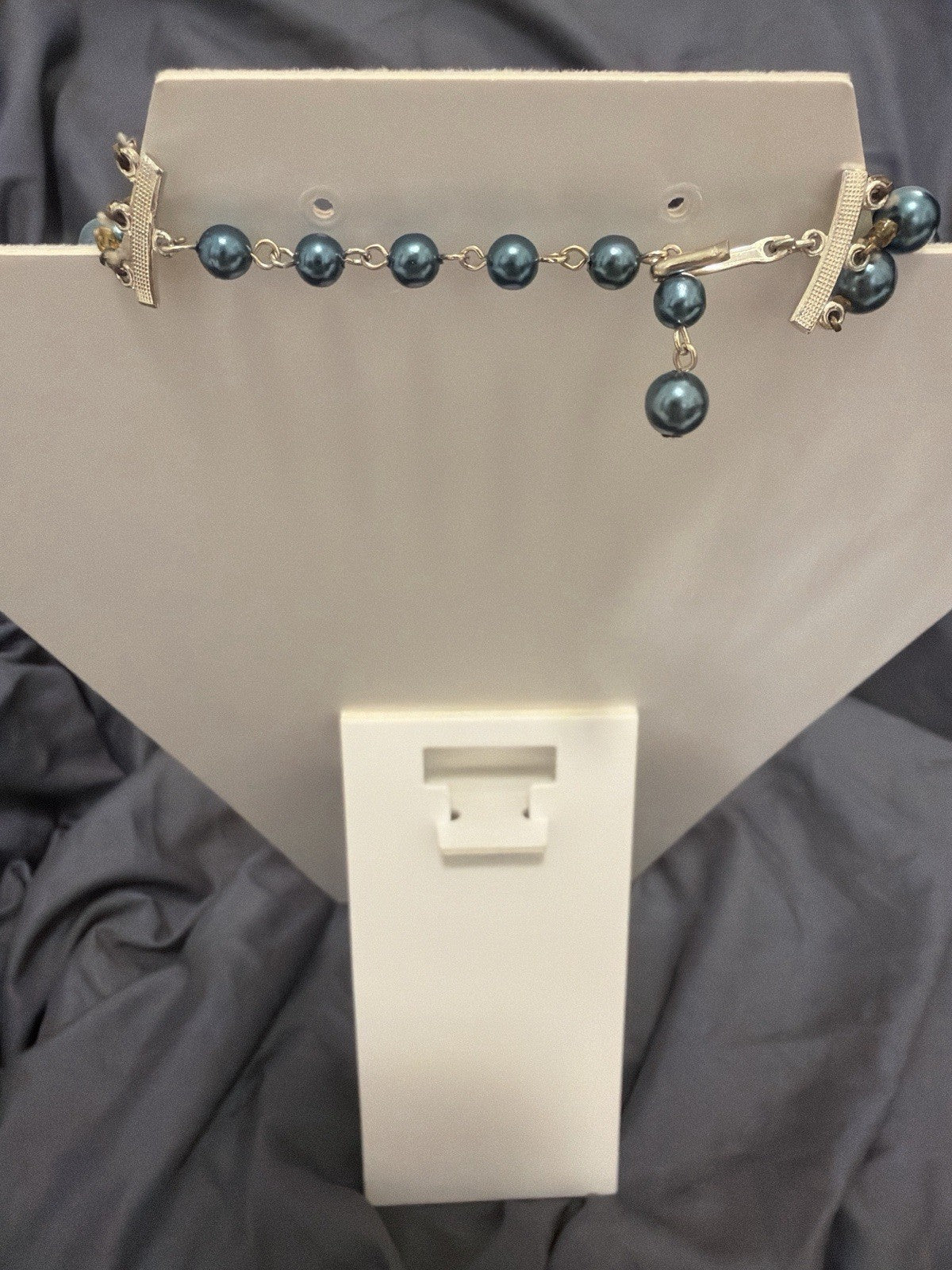 Vintage Multi Strand Beaded Necklace Blue Teal Faux Pearl Gold Statement Chunky3