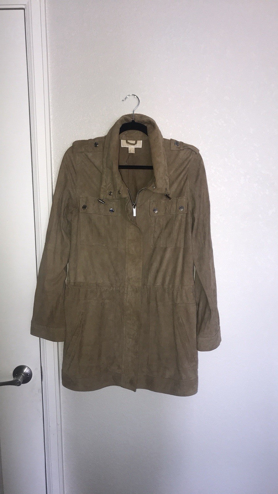 Michael Kors Brown Collared Zip Mid-Length Jacket w/ Pockets Epaulets S3