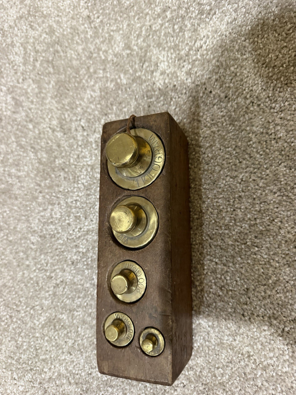 Antique Brass Metric Scale Weights 1000 500 200 100 Gram Wooden Block Set6