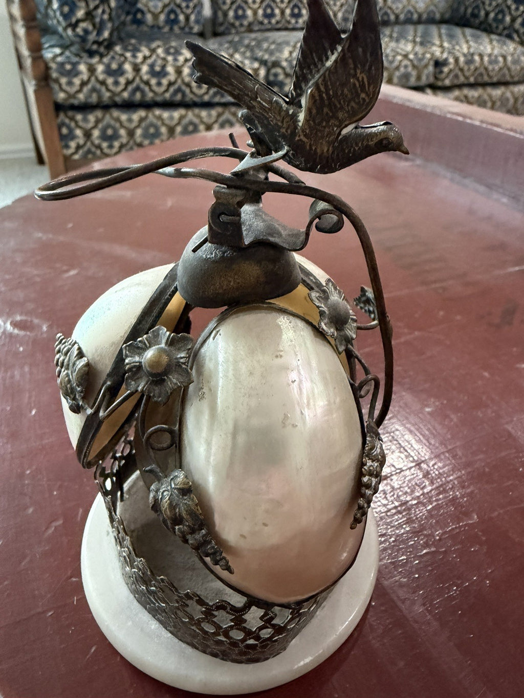 Antique 19th French Rare Bronze & Mother-Of-Pearl Shells Dove Bell 3