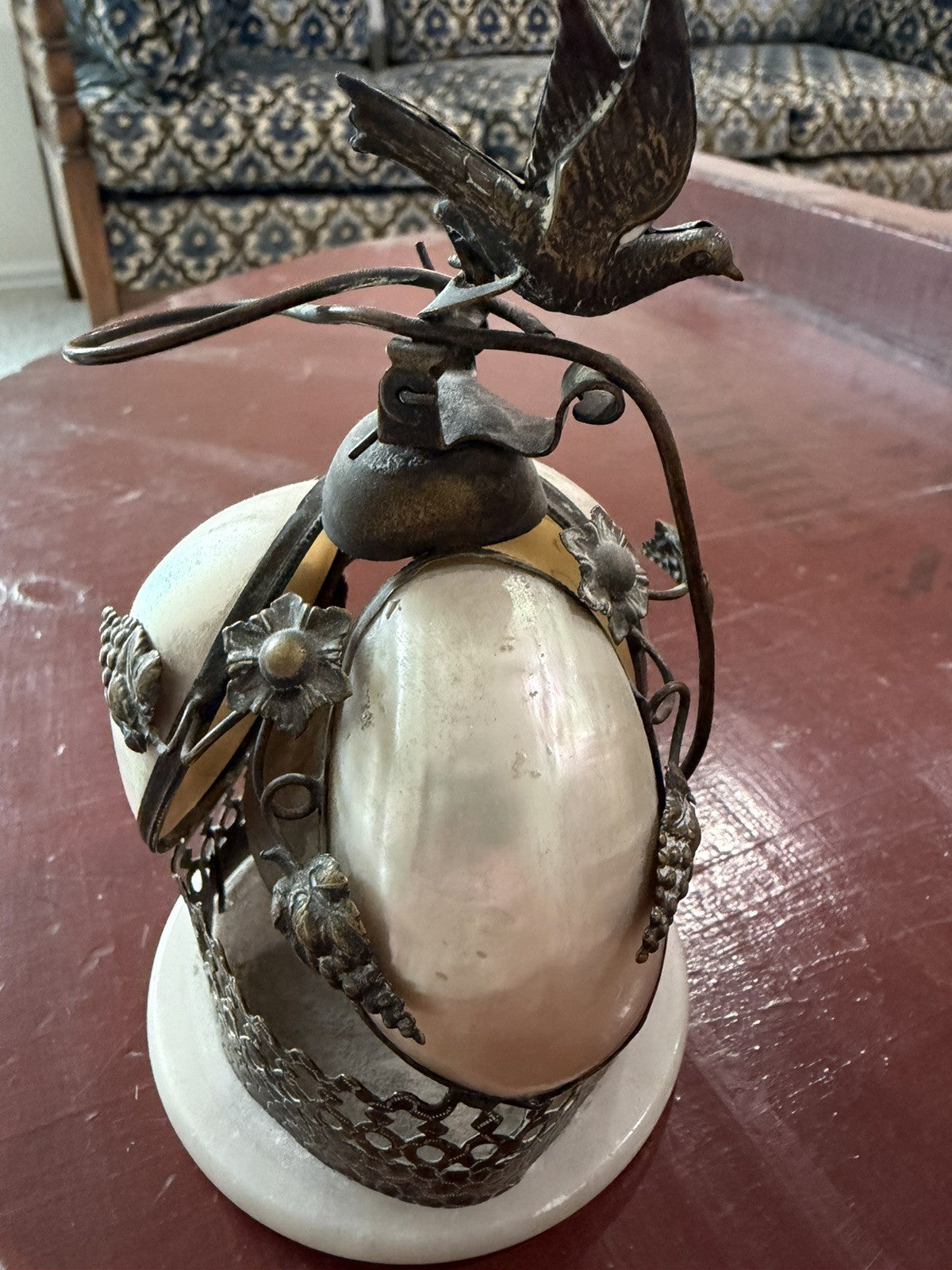 Antique 19th French Rare Bronze & Mother-Of-Pearl Shells Dove Bell 3