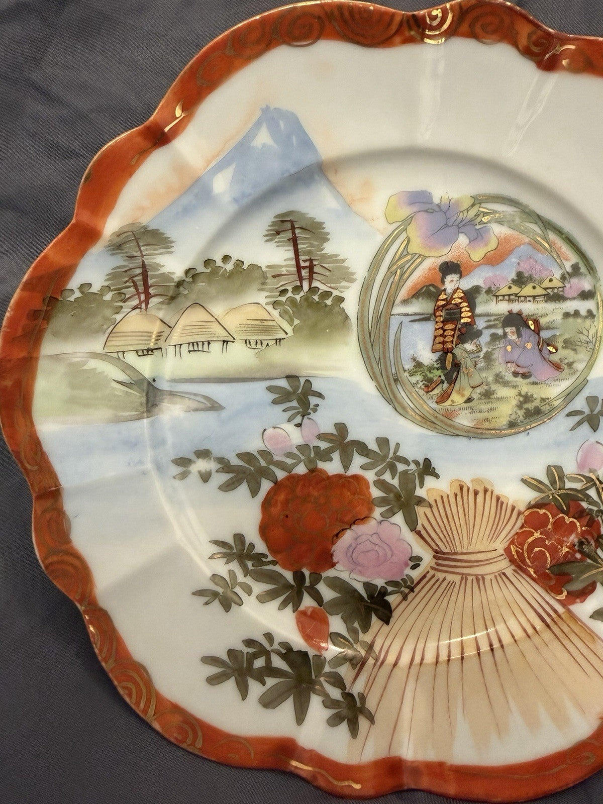 Antique Japanese Kutani Plate Geisha Scene Mt Fuji Hand Painted 8.5” Fuku1