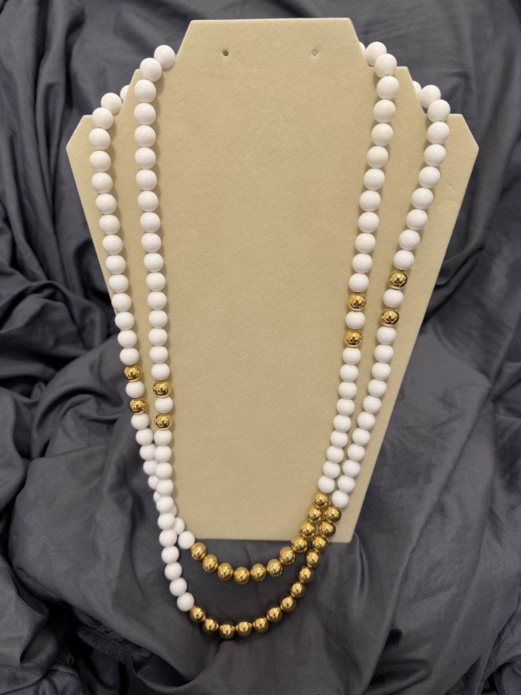 Vintage White Beaded Necklace Gold Tone Accents Double Strand Classic Statement 0