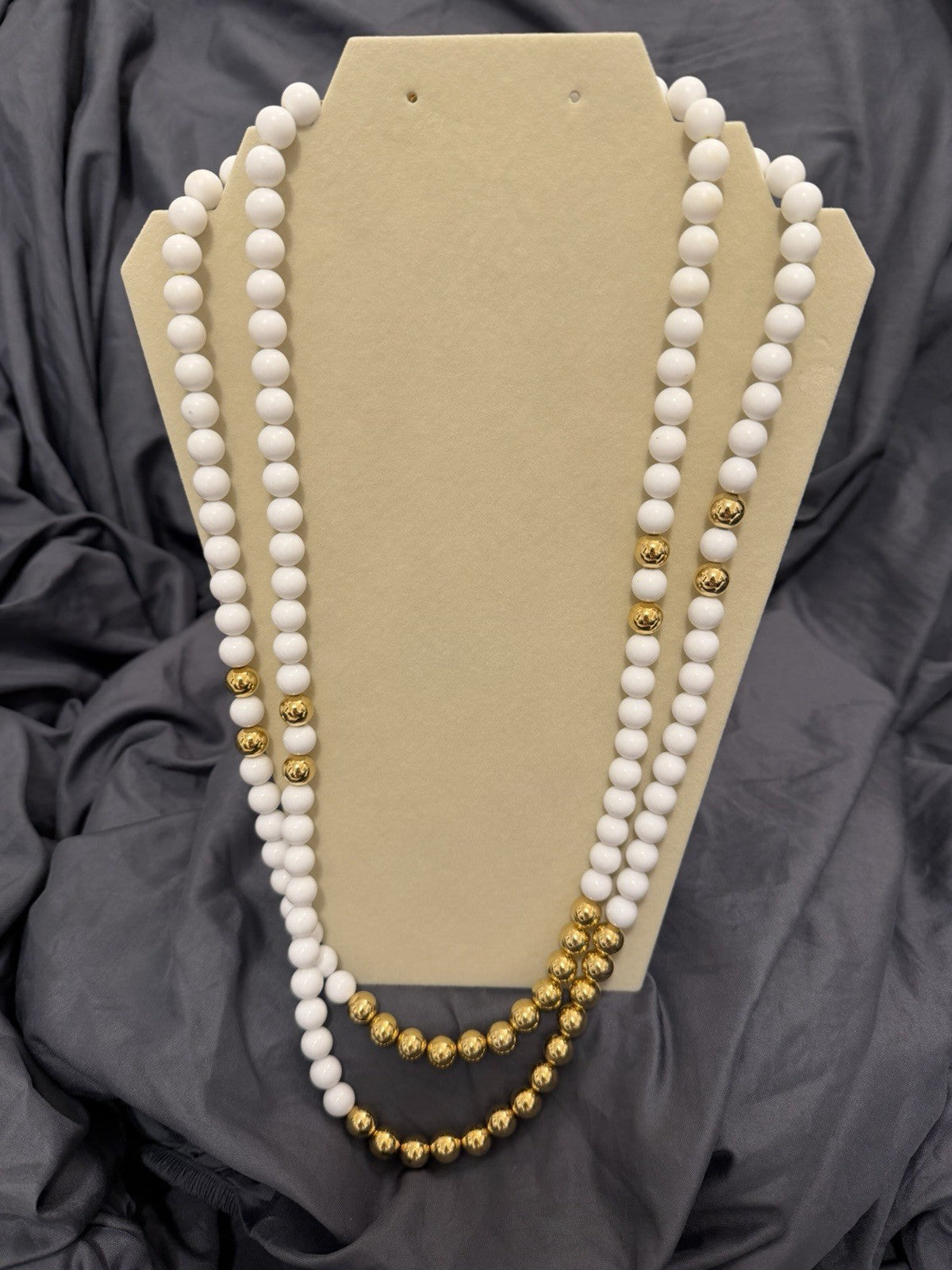 Vintage White Beaded Necklace Gold Tone Accents Double Strand Classic Statement 0