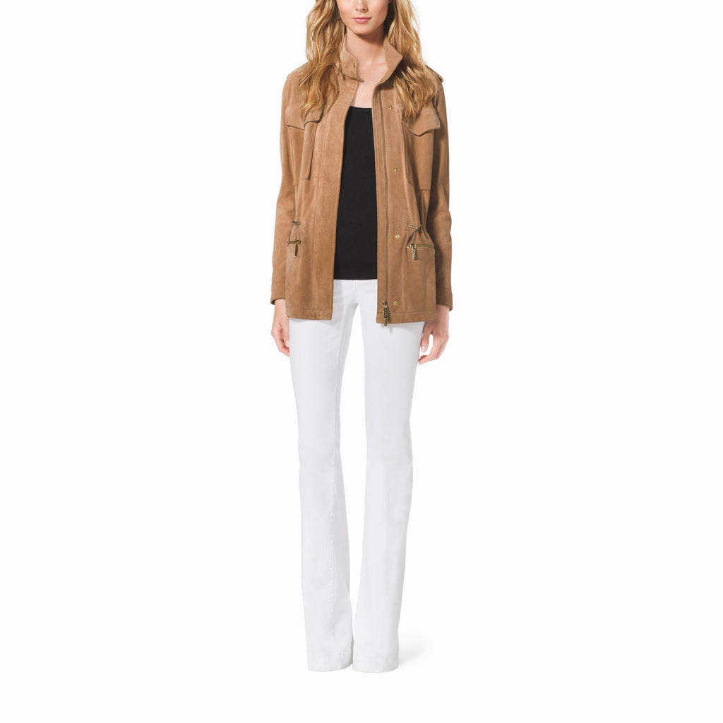Michael Kors Brown Collared Zip Mid-Length Jacket w/ Pockets Epaulets S4