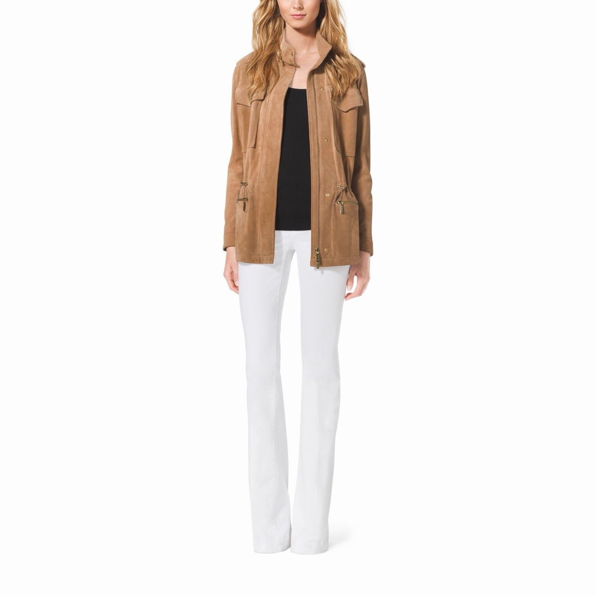 Michael Kors Brown Collared Zip Mid-Length Jacket w/ Pockets Epaulets S4