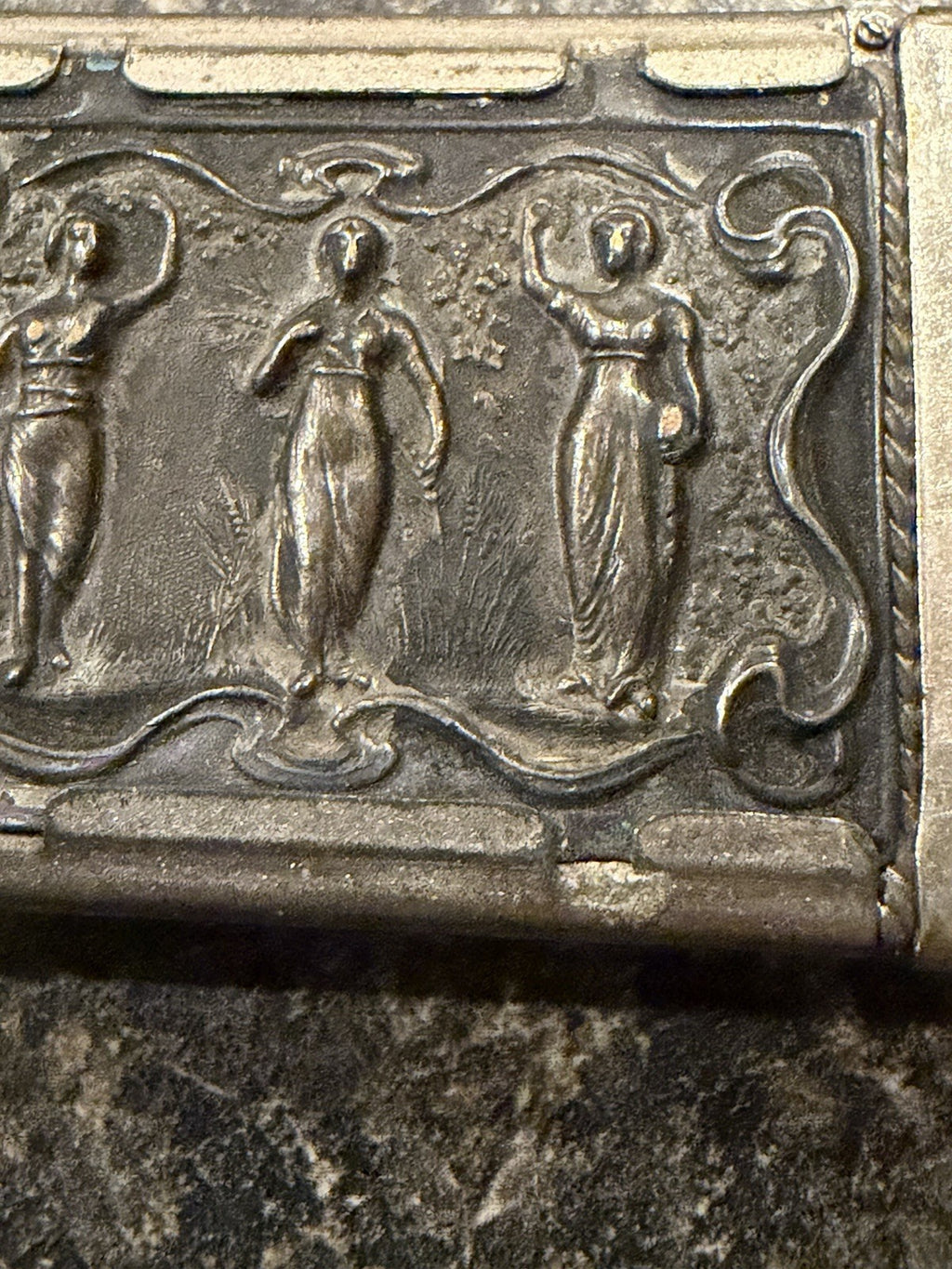 Antique Vesta Case Match Safe Classical Three Women Figural Relief Pocket Holder3