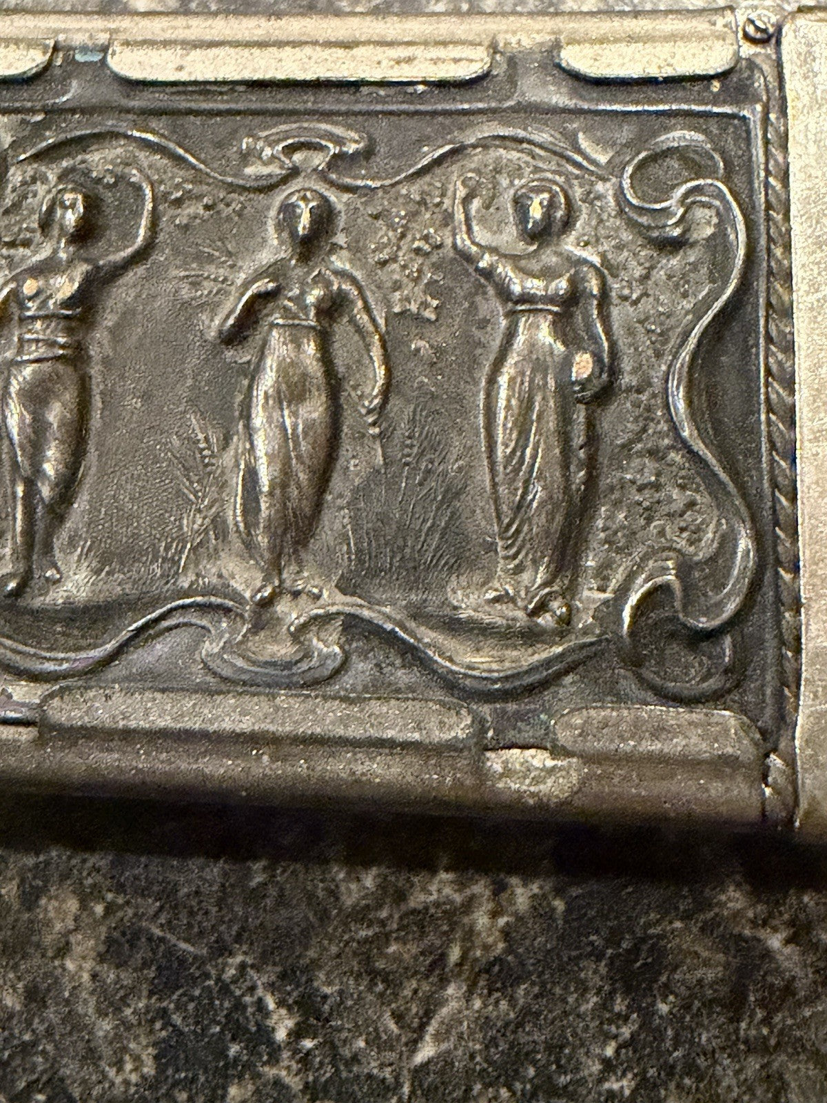 Antique Vesta Case Match Safe Classical Three Women Figural Relief Pocket Holder3
