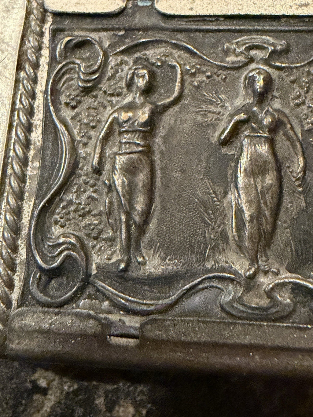 Antique Vesta Case Match Safe Classical Three Women Figural Relief Pocket Holder2