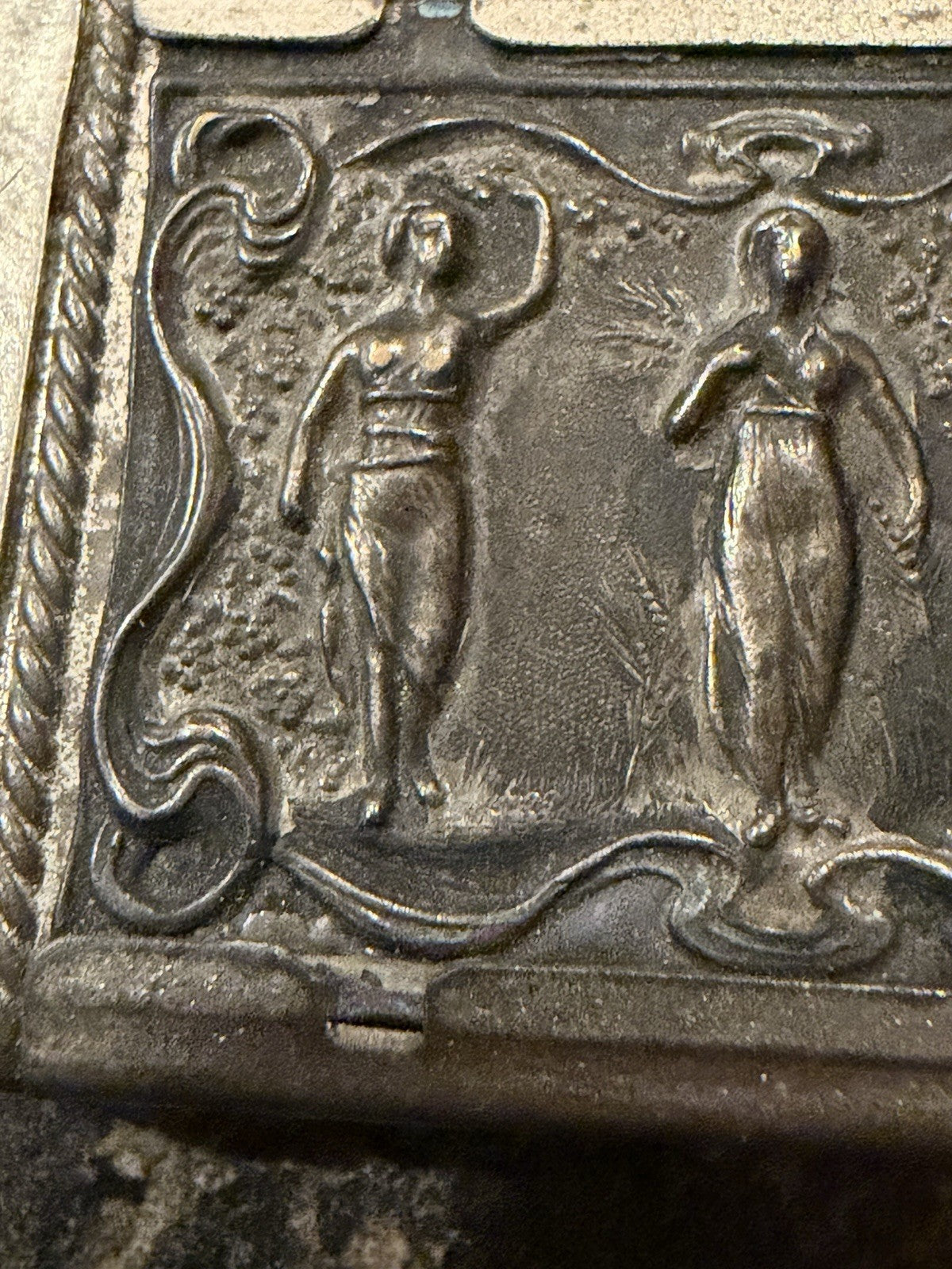 Antique Vesta Case Match Safe Classical Three Women Figural Relief Pocket Holder2