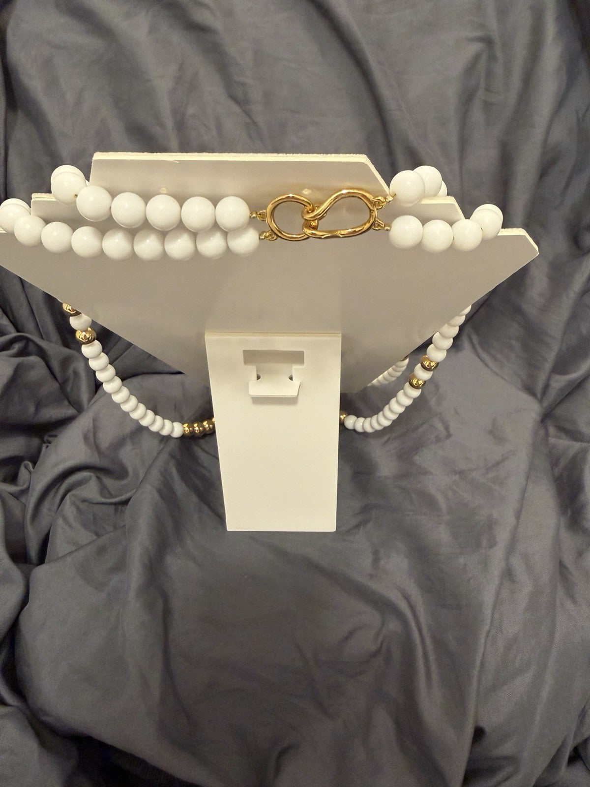 Vintage White Beaded Necklace Gold Tone Accents Double Strand Classic Statement 1