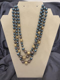 Vintage Multi Strand Beaded Necklace Blue Teal Faux Pearl Gold Statement Chunky0