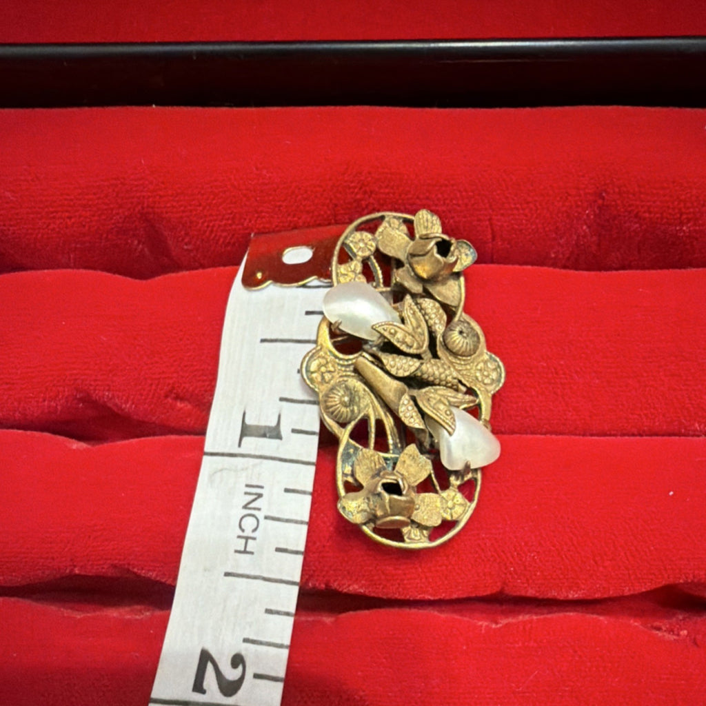 Vintage Floral Bar Brooch Czech Style Glass Stones Filigree Antique Look Pin2