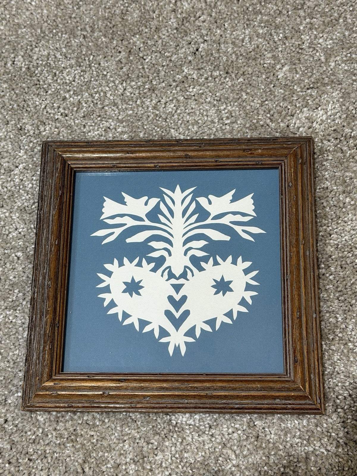 Vintage Framed Scherenschnitte Folk Art Paper Cutting Birds Heart Floral Design1