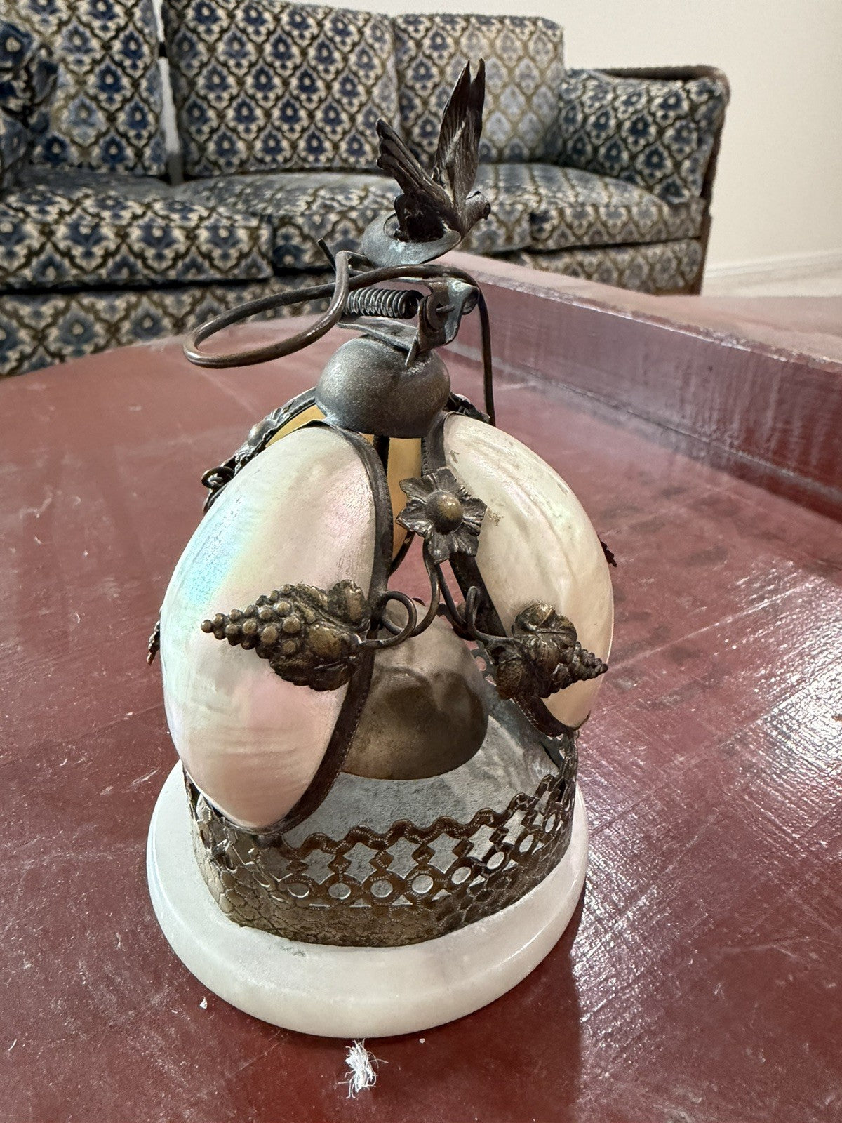 Antique 19th French Rare Bronze & Mother-Of-Pearl Shells Dove Bell 1