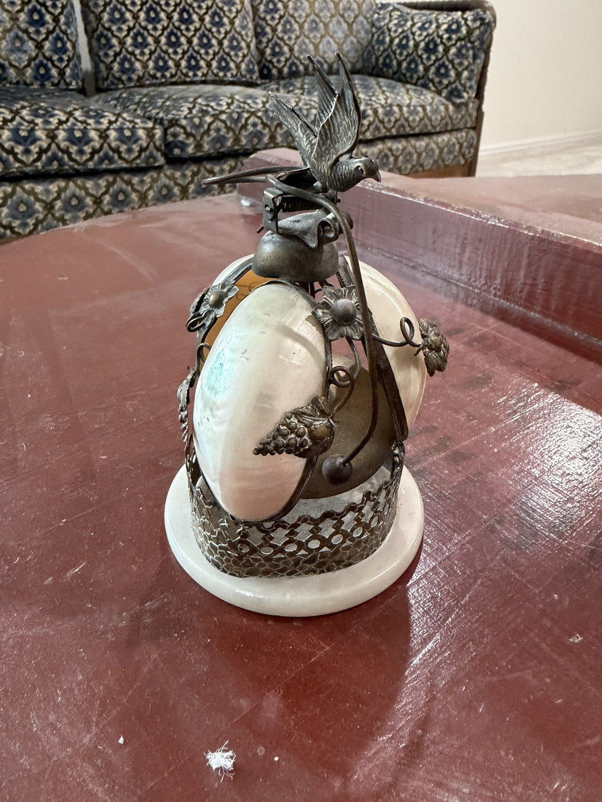 Antique 19th French Rare Bronze & Mother-Of-Pearl Shells Dove Bell 0