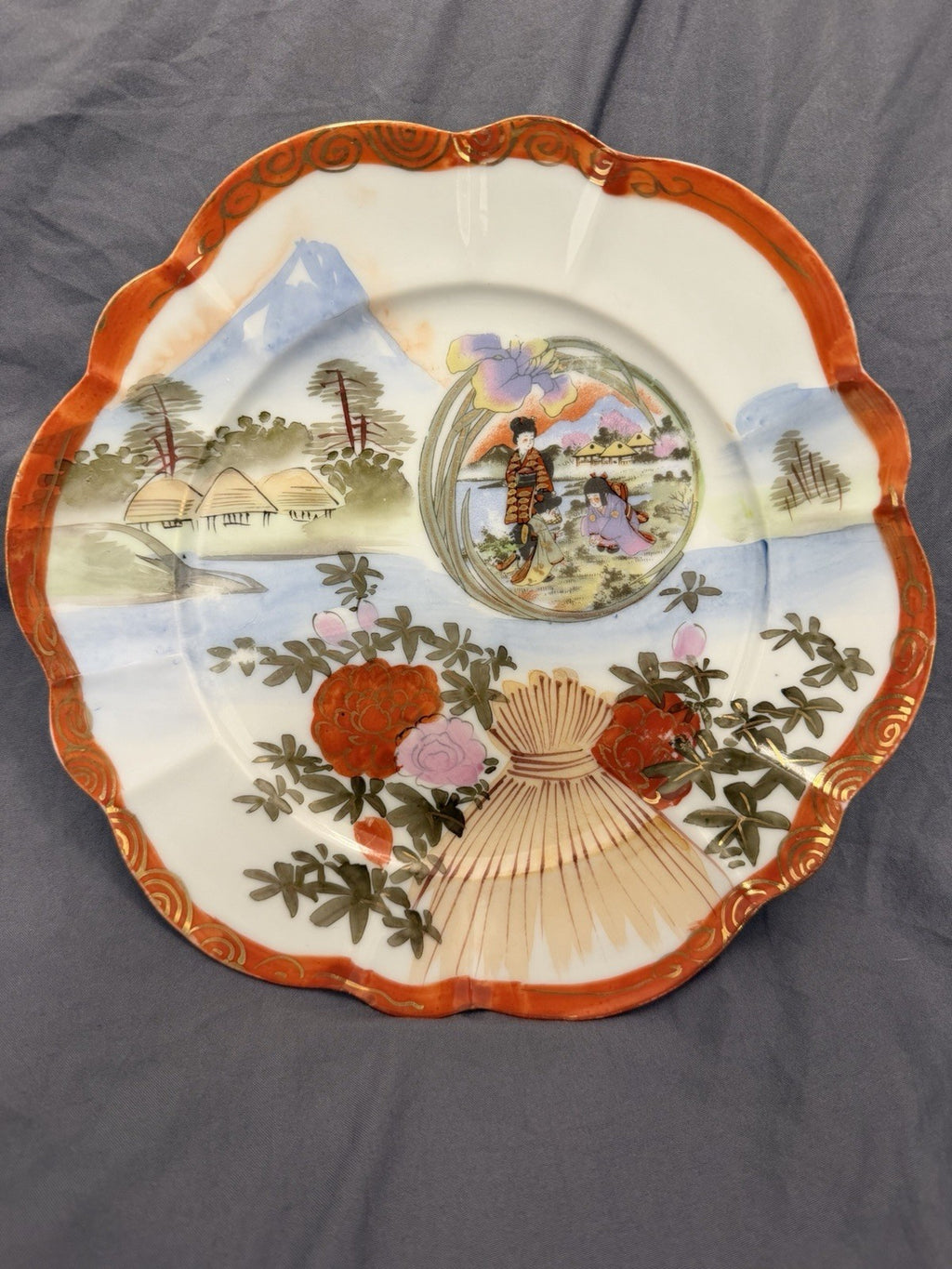 Antique Japanese Kutani Plate Geisha Scene Mt Fuji Hand Painted 8.5” Fuku0