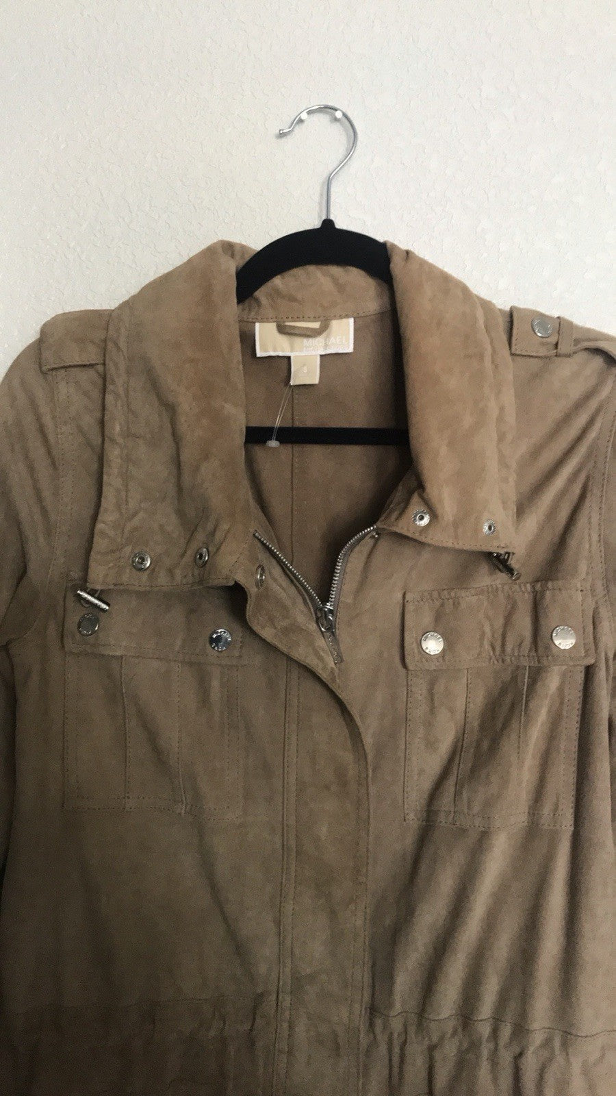 Michael Kors Brown Collared Zip Mid-Length Jacket w/ Pockets Epaulets S1