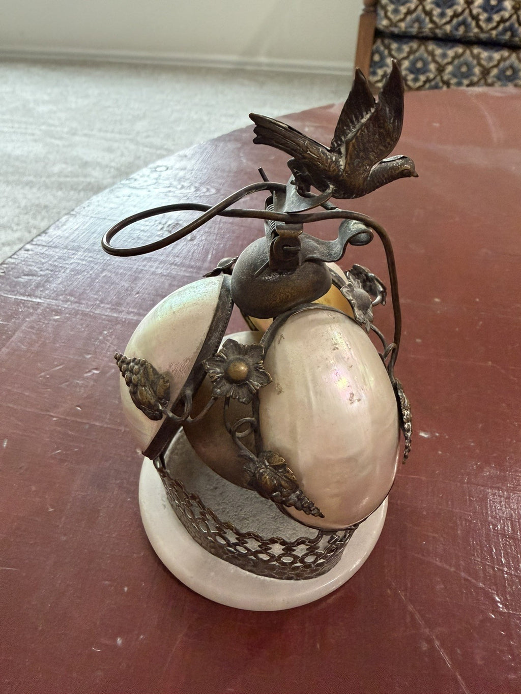 Antique 19th French Rare Bronze & Mother-Of-Pearl Shells Dove Bell 4