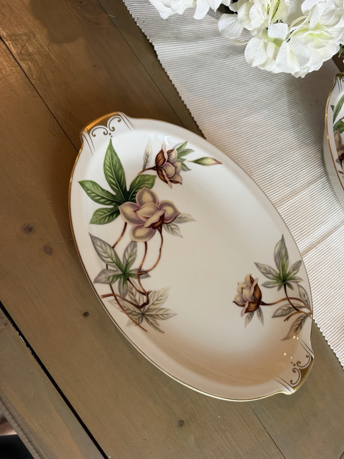 Vintage Meito China Woodrose Japan Oval Serving Platter Bowl Floral Gold Set 22