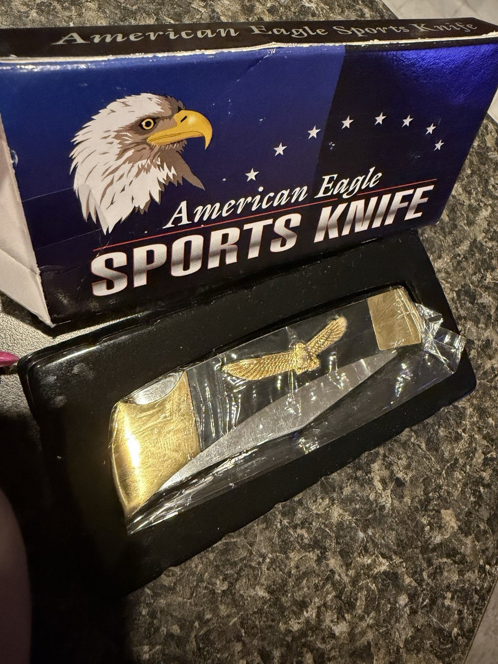 American Eagle Sports Knife Folding Pocket Knife Bald Eagle Gold Tone in Box3