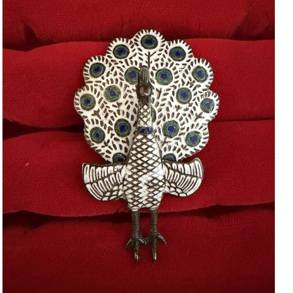 Siam Sterling Silver Enamel Peacock Brooch 2 Inch Blue Green Moveable Tail 1