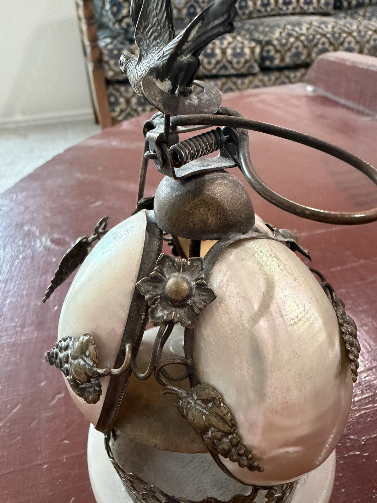 Antique 19th French Rare Bronze & Mother-Of-Pearl Shells Dove Bell 2