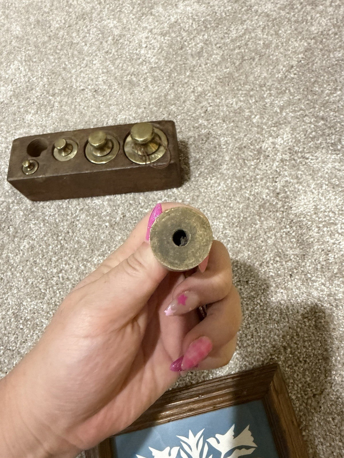 Antique Brass Metric Scale Weights 1000 500 200 100 Gram Wooden Block Set4