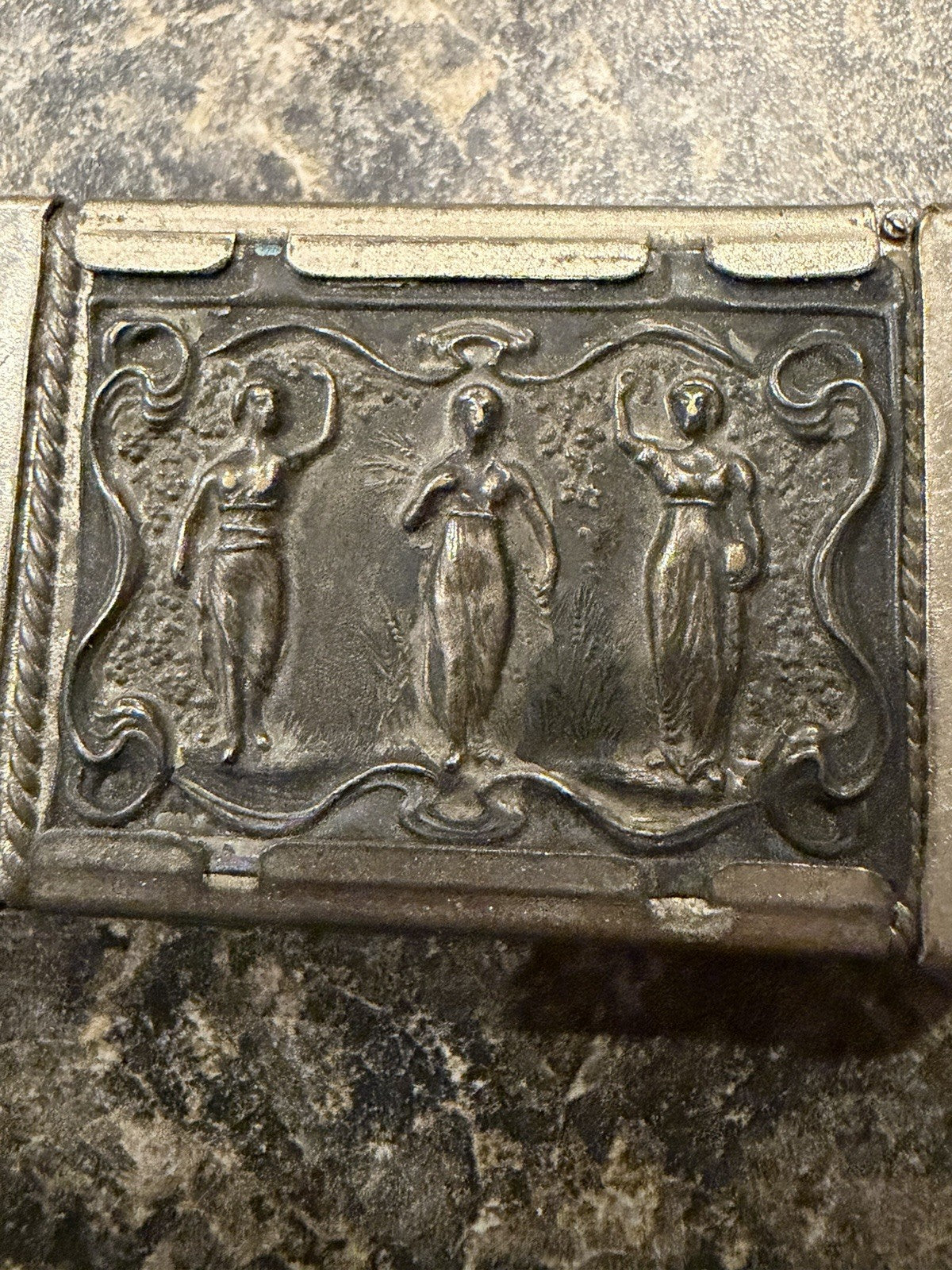Antique Vesta Case Match Safe Classical Three Women Figural Relief Pocket Holder1