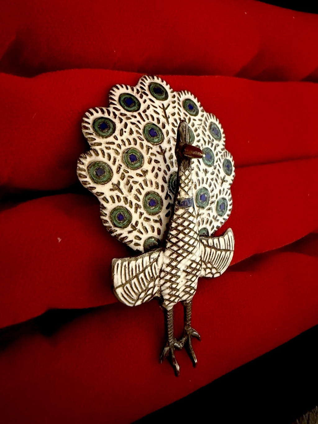 Siam Sterling Silver Enamel Peacock Brooch 2 Inch Blue Green Moveable Tail 0