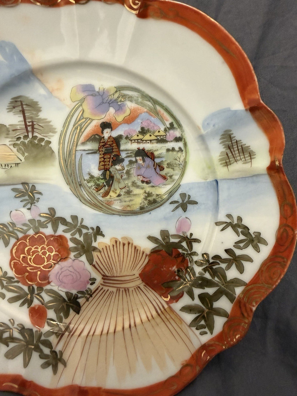 Antique Japanese Kutani Plate Geisha Scene Mt Fuji Hand Painted 8.5” Fuku2