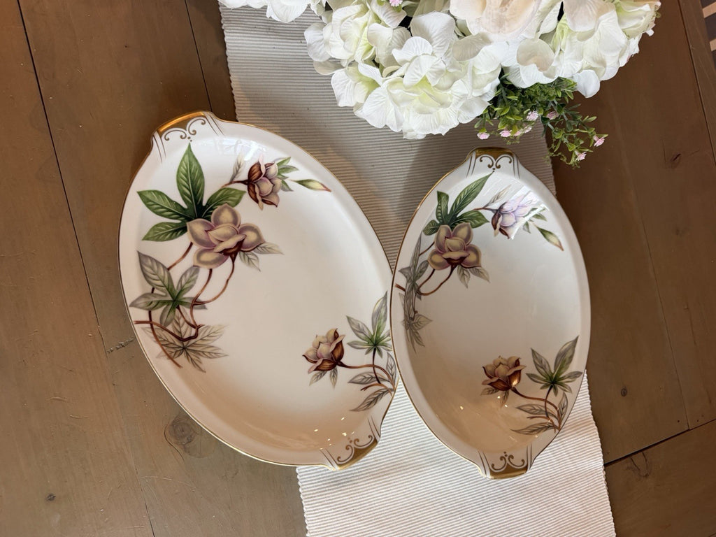Vintage Meito China Woodrose Japan Oval Serving Platter Bowl Floral Gold Set 21