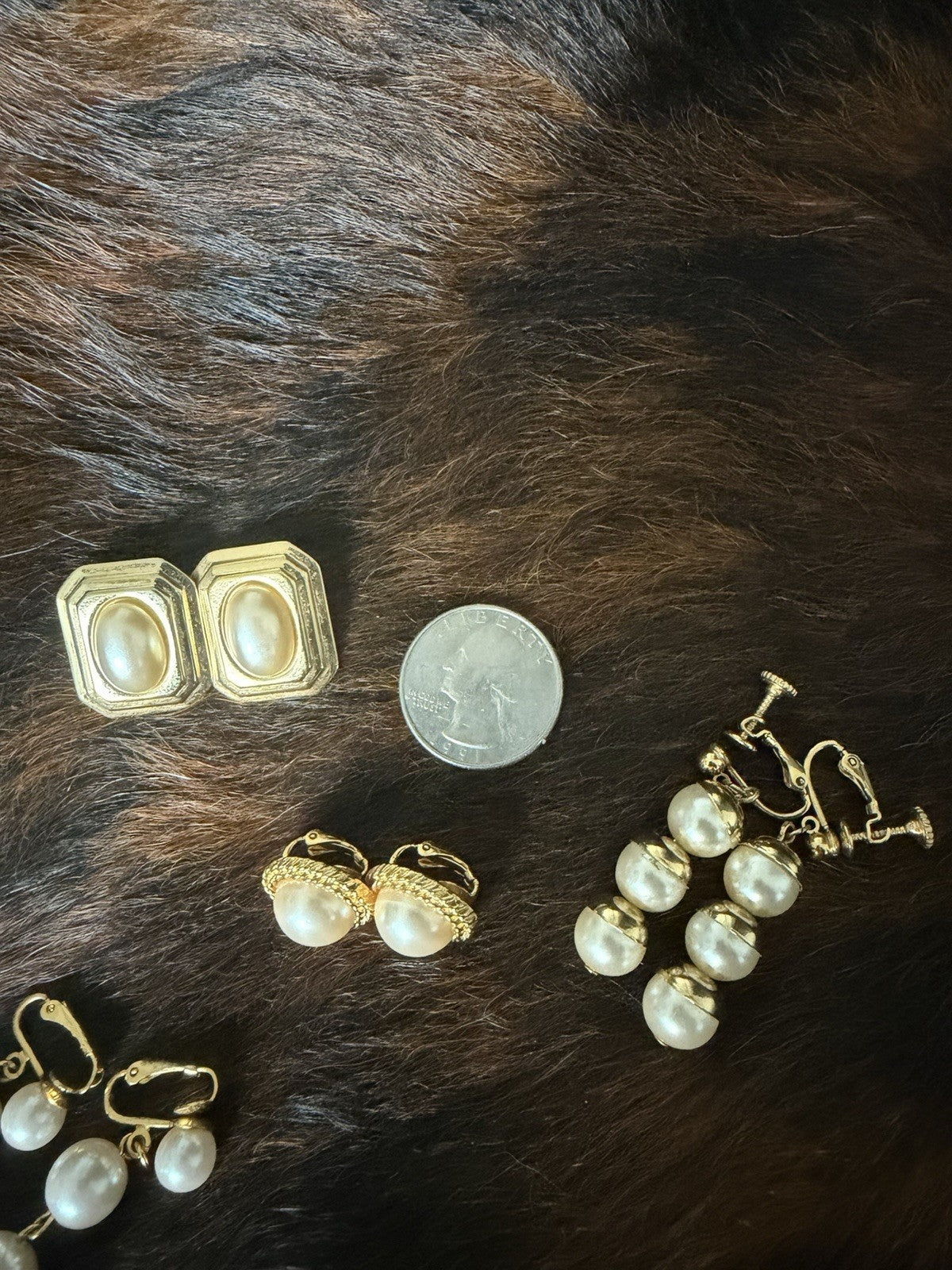 Vintage Gold Tone Imitation Pearl White Clip-On Earrings Lot 4 Pairs4