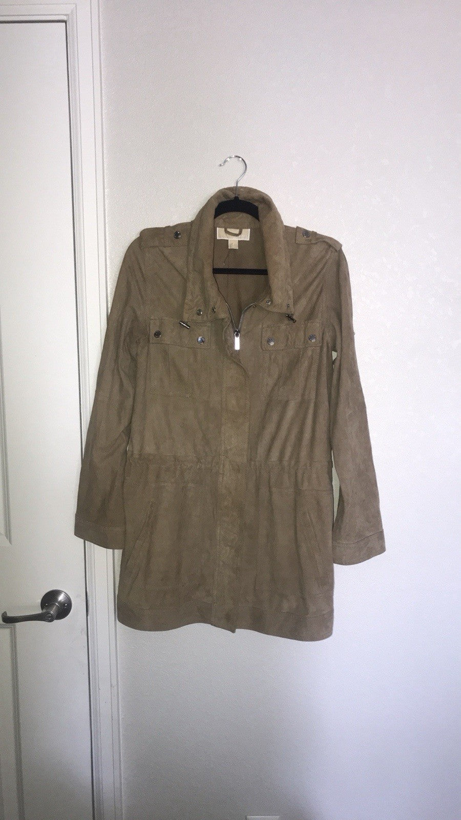 Michael Kors Brown Collared Zip Mid-Length Jacket w/ Pockets Epaulets S0