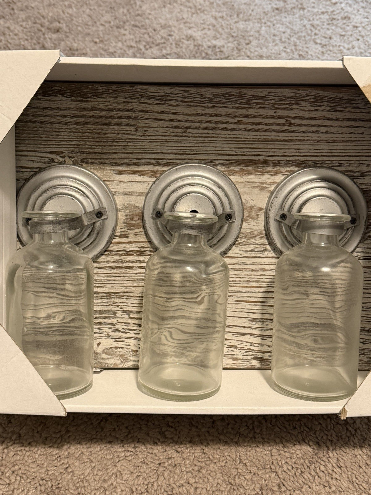 Rustic Farmhouse Wall Decor 3 Glass Bottle Vase Holder Wood Hanging Display2