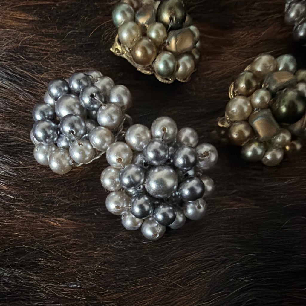 Vintage Faux Pearl Clip-On Earrings Lot 3 Pairs Cluster Cabochon Gold Silver1