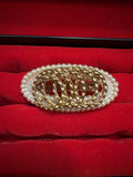 Vintage Gold Tone Faux Pearl Brooch Interlocking Circles Mid Century Pin0