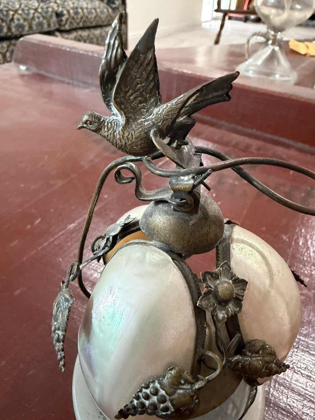 Antique 19th French Rare Bronze & Mother-Of-Pearl Shells Dove Bell 5