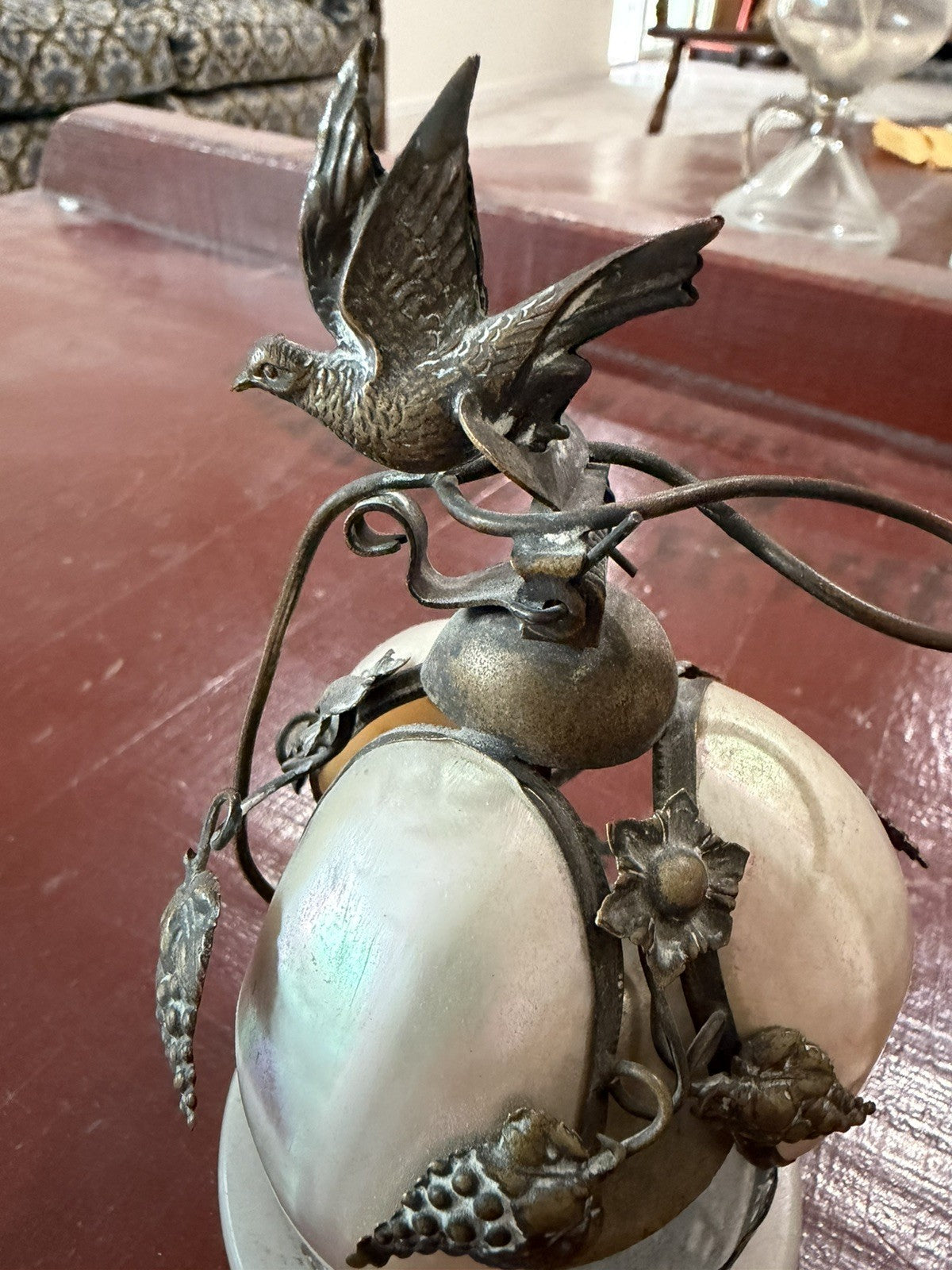 Antique 19th French Rare Bronze & Mother-Of-Pearl Shells Dove Bell 5