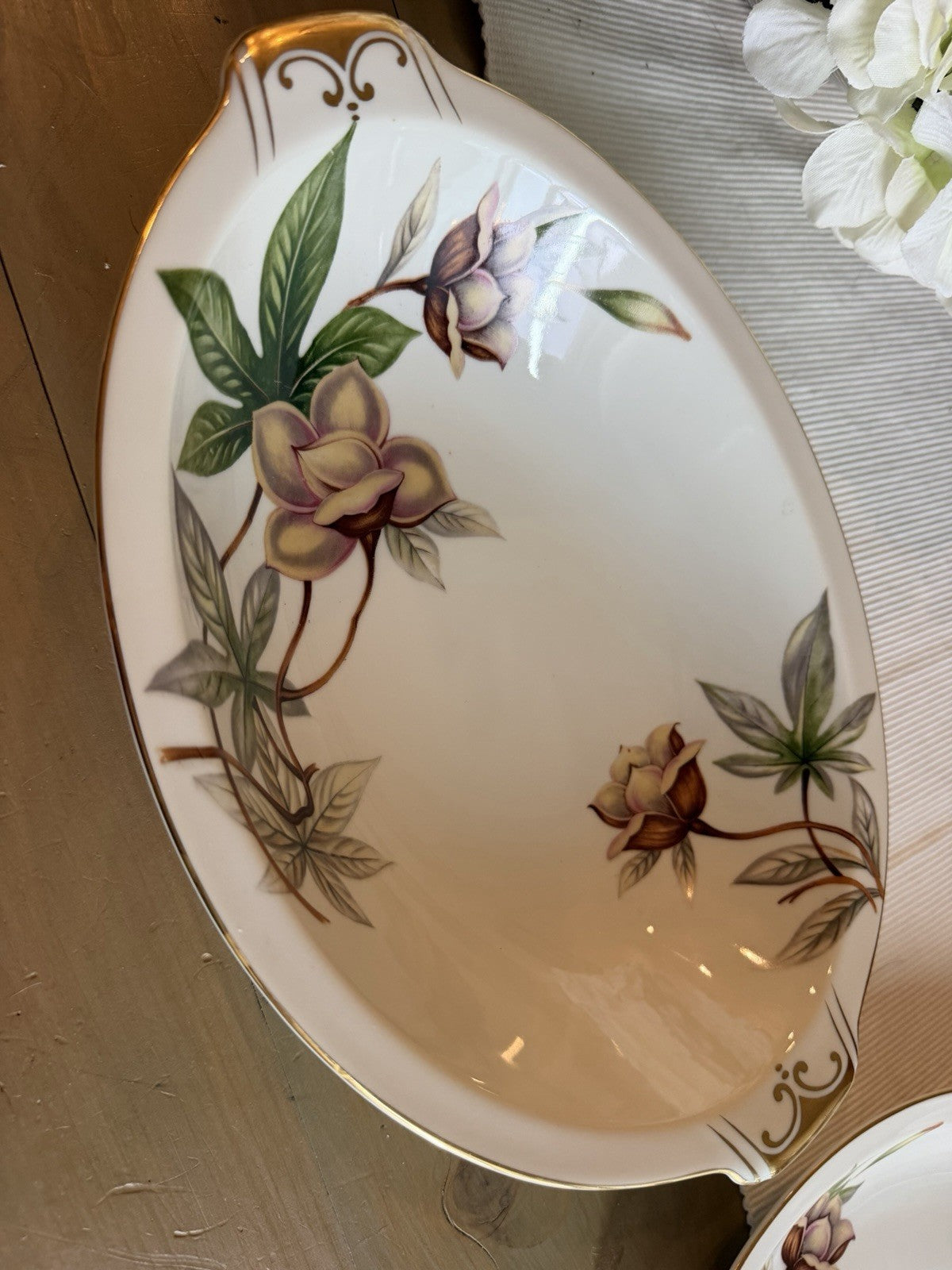 Vintage Meito China Woodrose Japan Oval Serving Platter Bowl Floral Gold Set 26
