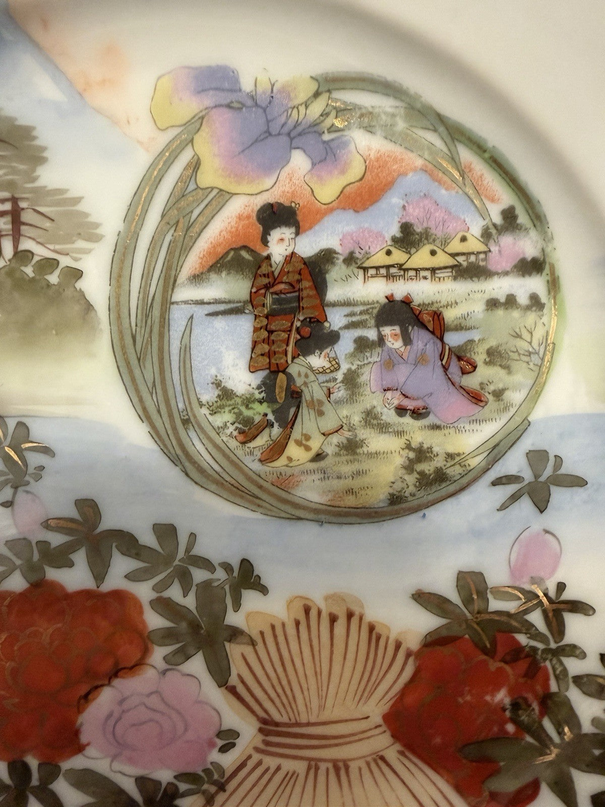 Antique Japanese Kutani Plate Geisha Scene Mt Fuji Hand Painted 8.5” Fuku3