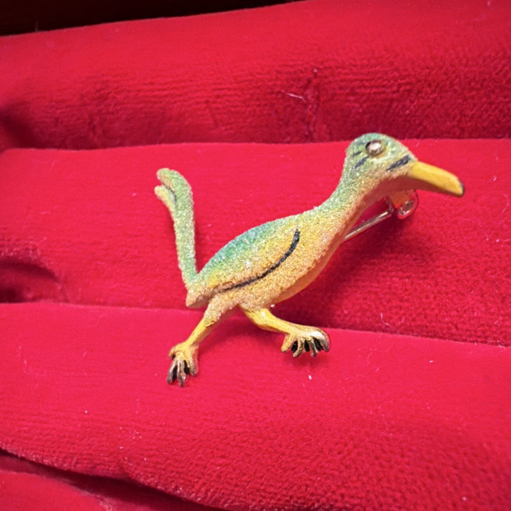 Vintage Roadrunner Bird Brooch Southwestern Arizona Enamel Gold Tone Korea1