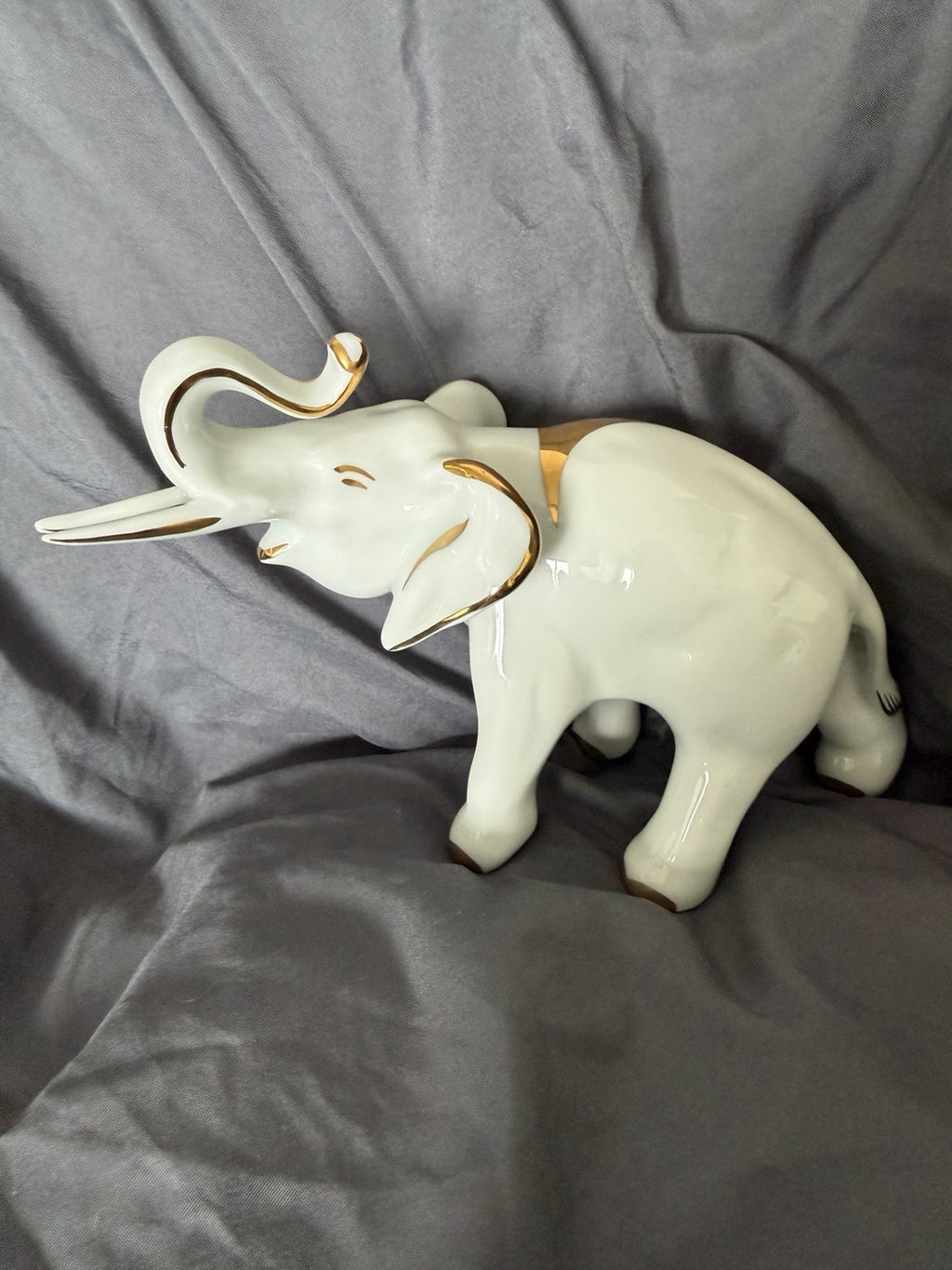 Vintage Limoges France Porcelain Elephant Figurine Gold Gilt Trunk Up Good Luck0