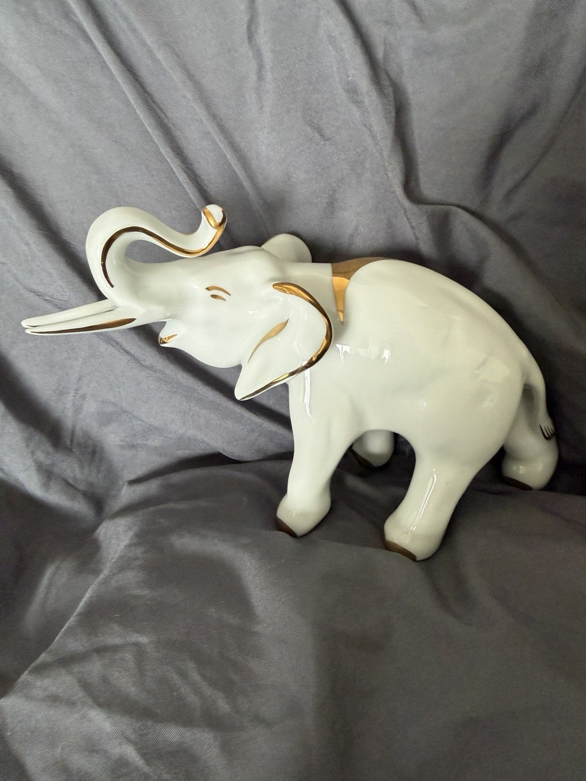 Vintage Limoges France Porcelain Elephant Figurine Gold Gilt Trunk Up Good Luck0