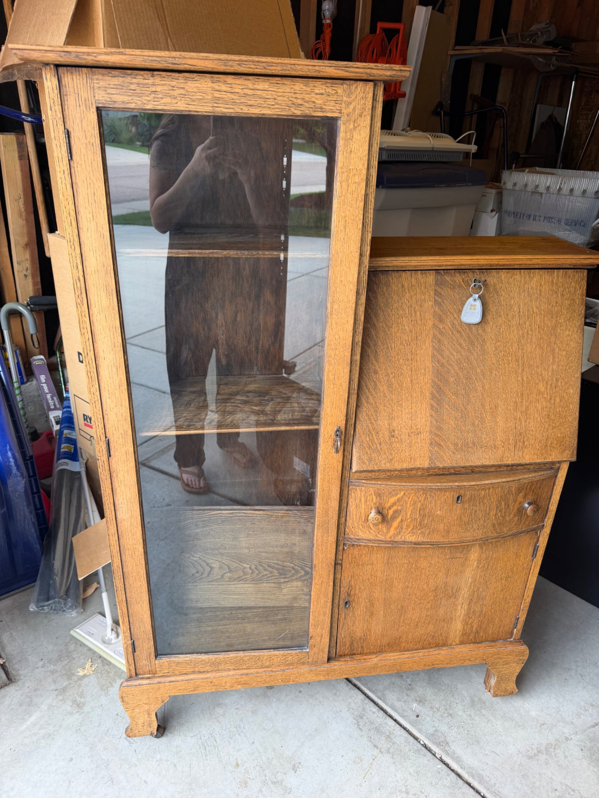 Antique quartersawn oak side by side secretary desk with glass cabinet