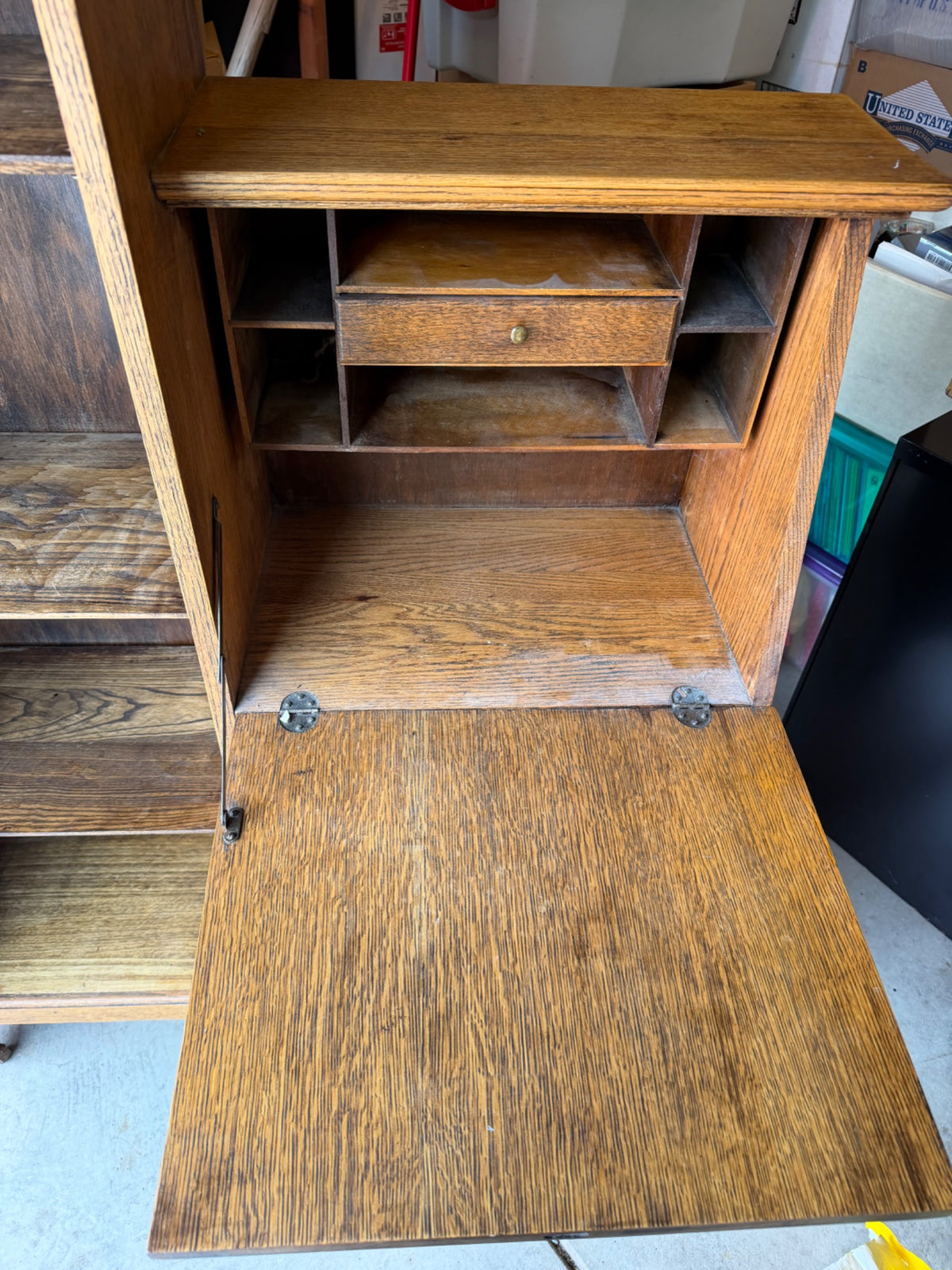 Open drop front desk with interior organizer compartments