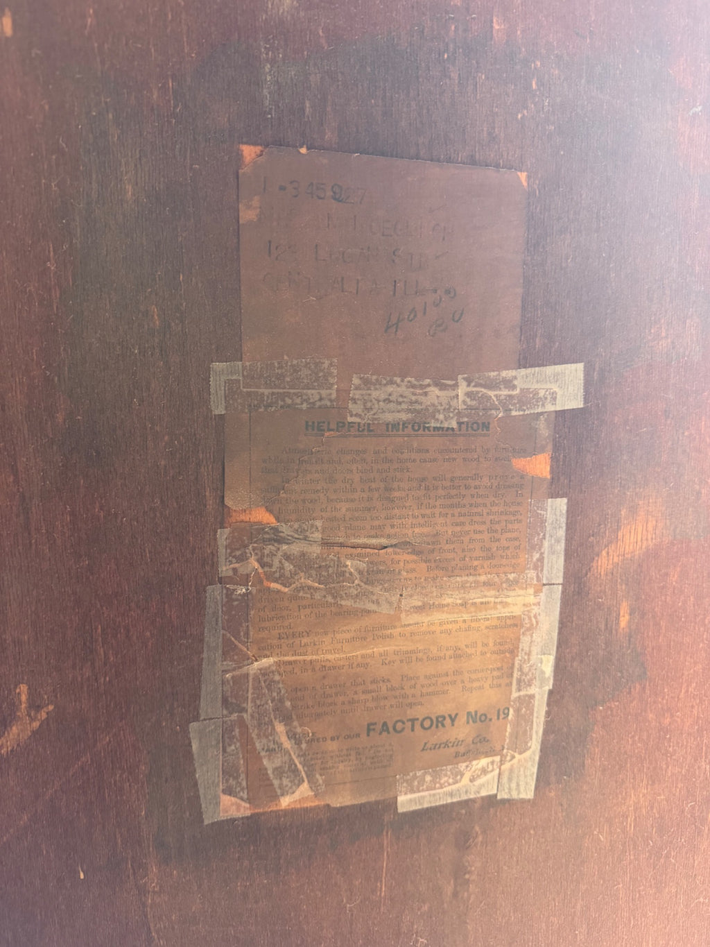 Original Larkin Co factory label on back