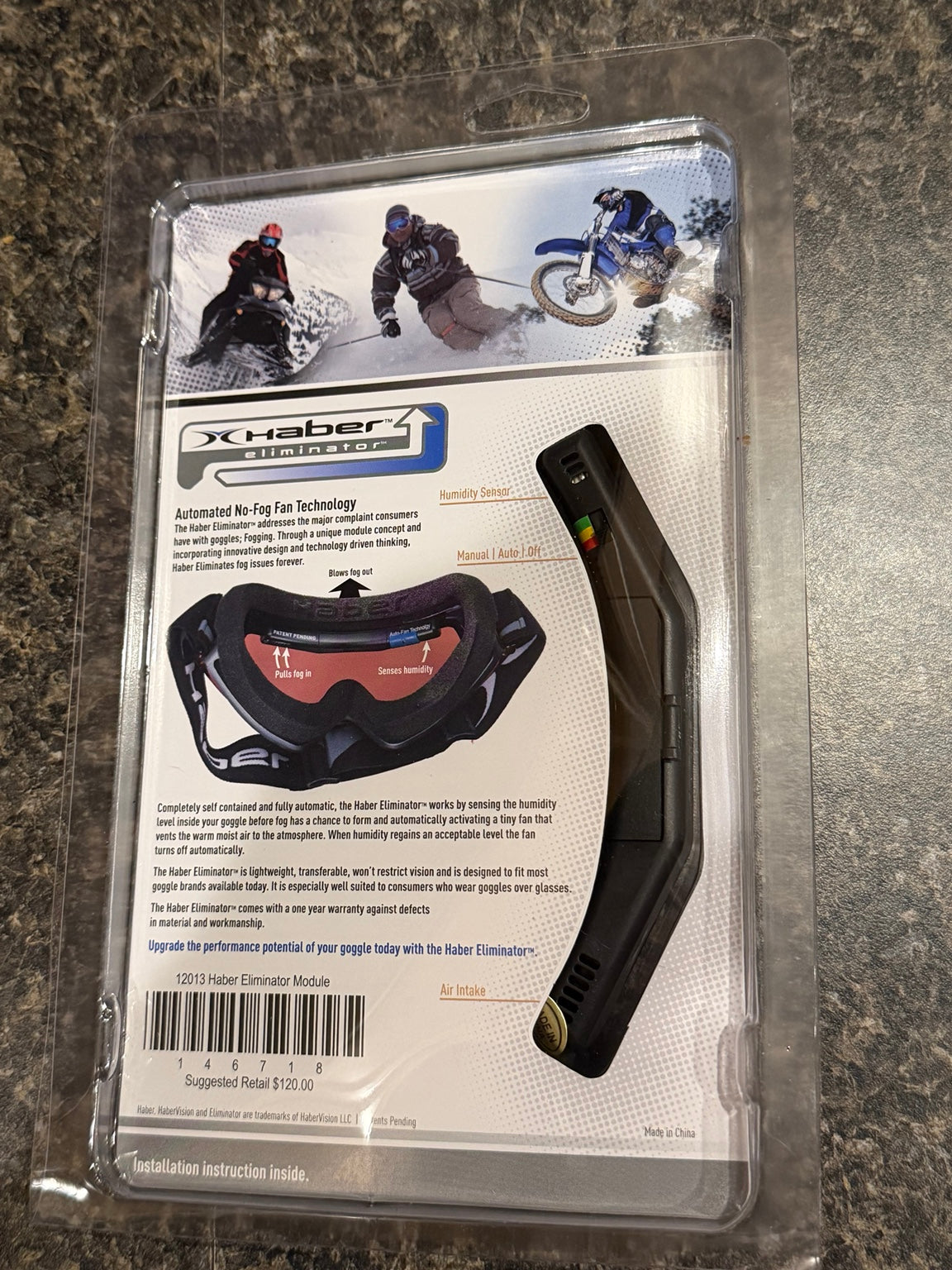 Back of Haber Eliminator packaging showing humidity sensor, controls and installation information