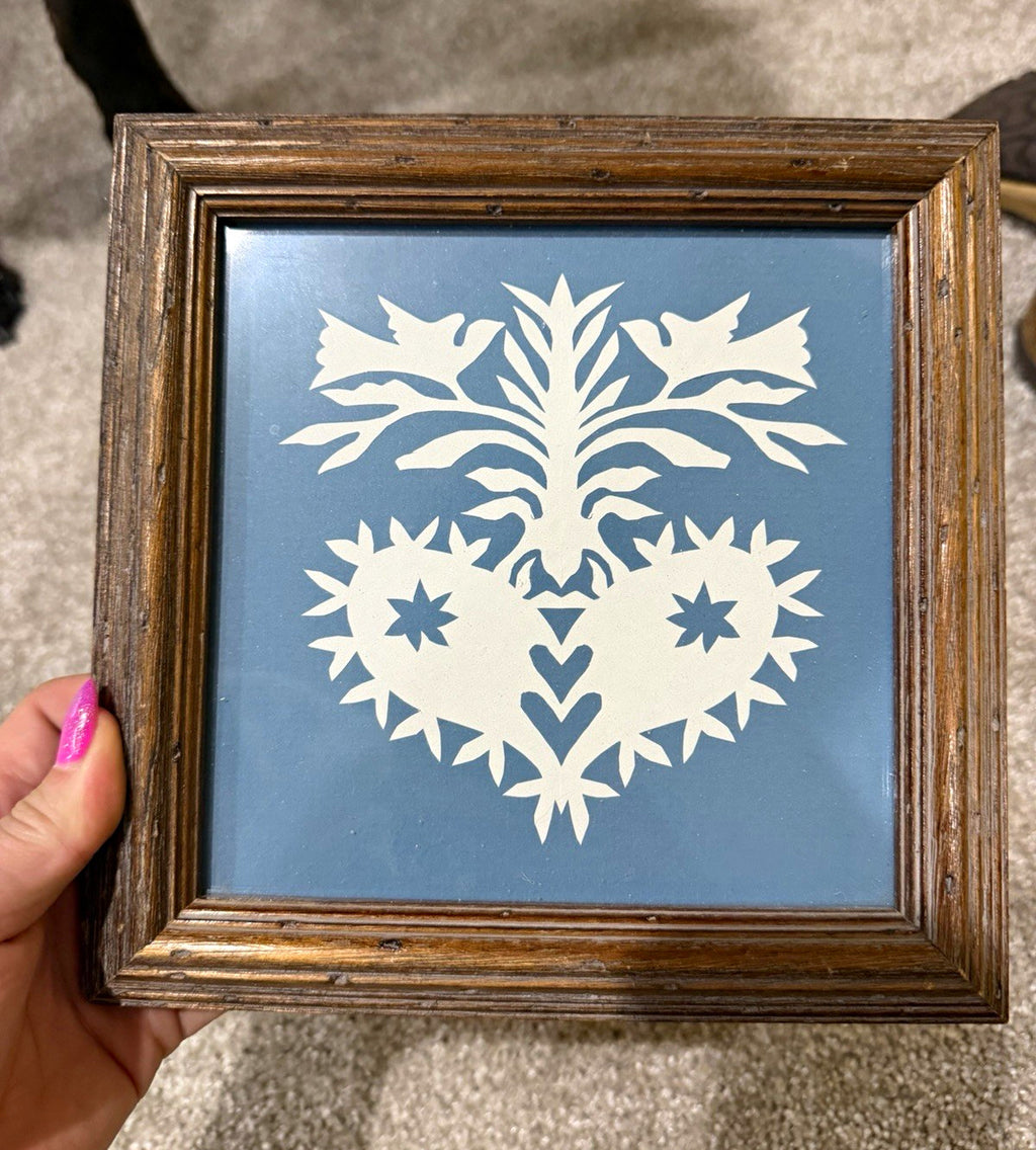 Vintage Framed Scherenschnitte Folk Art Paper Cutting Birds Heart Floral Design0