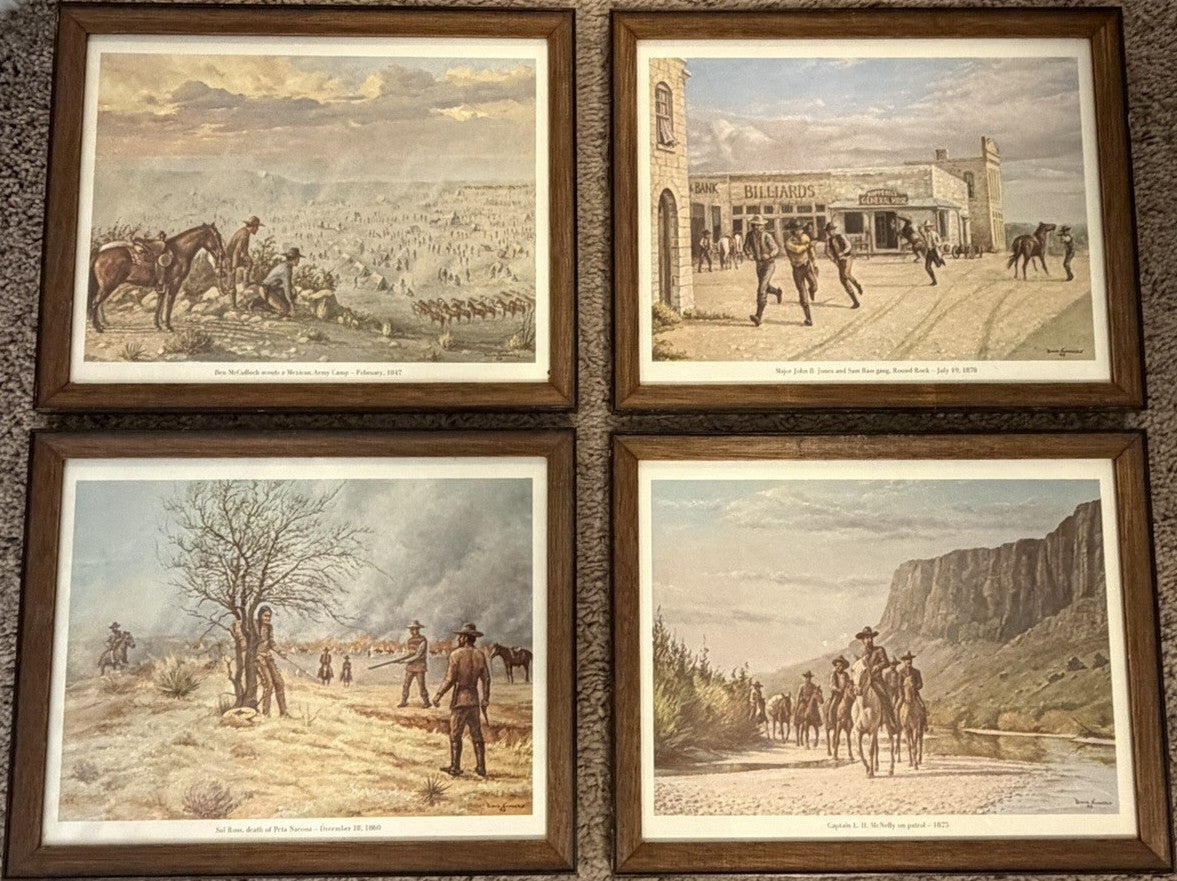 Set of 4 David Sanders 1969 Western Prints Cowboy Native American Art Vintage0